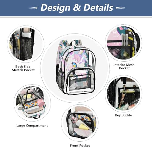 Cute Cartoon White unicorns Kids Clear Backpack Clear Book Bags For Girls See Through Transparent Heavy Duty Backpack4