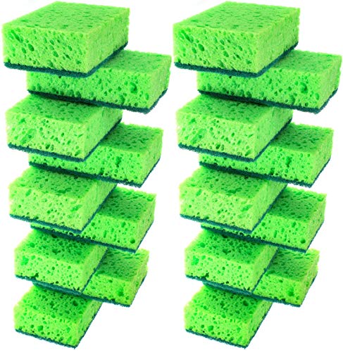 Image of Green Multi Use Scrub Sponge. Made in Europe. 18 Pk, 4.3x2.8x1.4 inches. Odorless Heavy Duty and Non Scratch Fiber. Thick, Durable and Delicate Scrubber for Pans, Bowls, Jars, Sink, Floor
