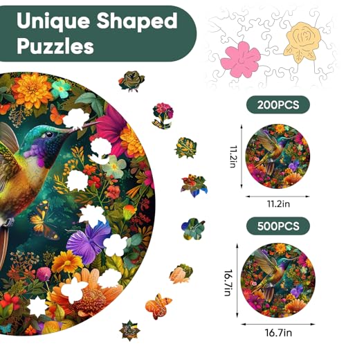 Rompecabezas de madera Delobil para adultos, rompecabezas de colibrí de madera de 200 piezas, rompecabezas jigsaw con forma única de ave, regalos creativos para cumpleaños, juegos familiares divertidos y desafiantes, 11,2 x 11,2 pulgadas miniatura 3