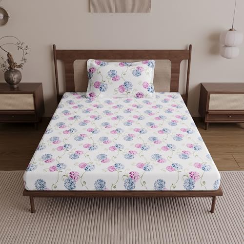 Image of Divine Casa 100% Cotton 144 TC Single Bedsheet with 1 Pillow Cover | Soft Comfortable Bed Sheet for Single Bed | Breathable Printed Bedding Set | 145 x 223 cm (Blue Pink, Floral)