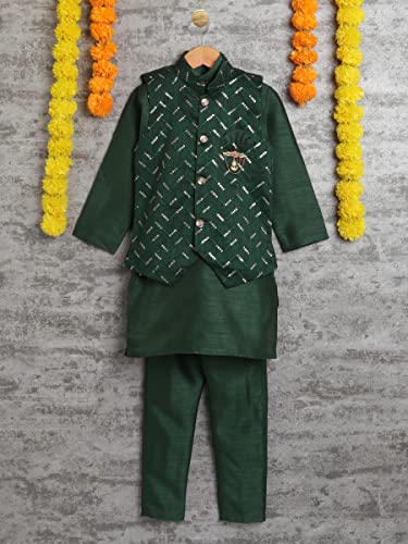 Image of AHHAAAA Kids Ethnic Silk Blend Waistcoat, and Kurta Pyjama Set for Boys 488