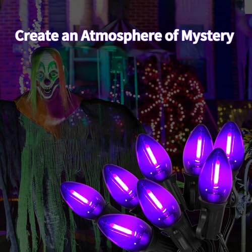 Image of 25FT C7 Purple LED String Lights, Black Wire Outdoor Halloween | IP44 Waterproof & Shatterproof, End-to-End Connectable, Perfect for Patio, Porch, Railing, Party or Holiday Decor