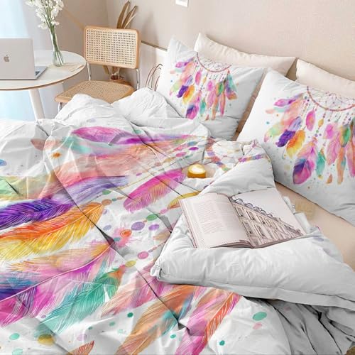 Parure de lit microfibre douce rose imprimé plumes avec fermeture éclair - 4