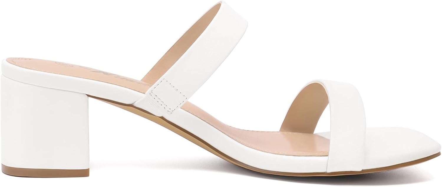 Athlefit Women's Two Strap Open Toe Heels Sandals Chunky Block Comfortable Slip On Low Heel Dress Shoes - Image 3
