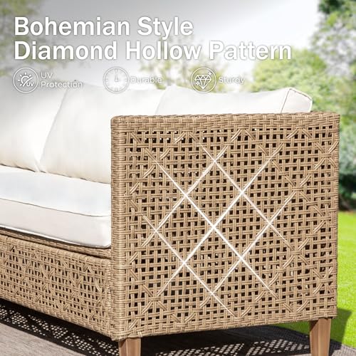 Image of PHI VILLA Outdoor Sectional Couch, Wicker Patio Furniture Set with Acacia Wood Coffee Table, L-Shape Small Outdoor Conversation Corner Sofa Set for Deck Porch, Beige