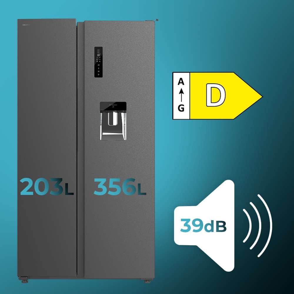 Cecotec Frigorífico Americano de 559 Litros Bolero CoolMarket SBS 562 Dark D. 177 cm de Alto y 90 cm Ancho, Clase D, Sistema Multi Air Flow, Total No frost, Motor Inverter Plus