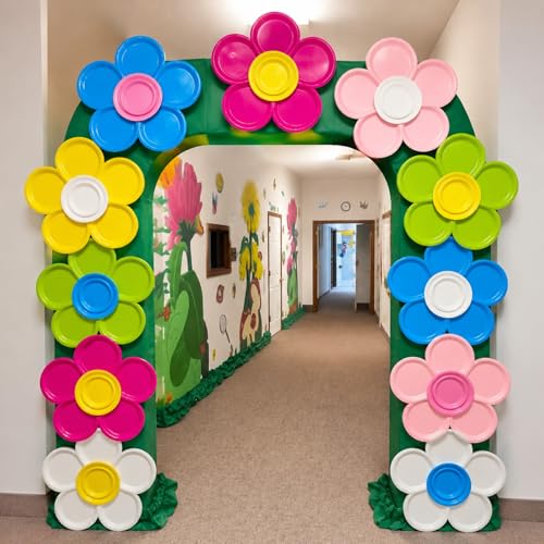 Landhoow 112 Pcs DIY Flower Paper Plate Crafts Back to School Flower Classroom Decoration Summer Party Kit 6 Colors 9inch and 7inch Paper Plates a Hot Glue Gun and Leaf Cardstock Arch Kit for Porch