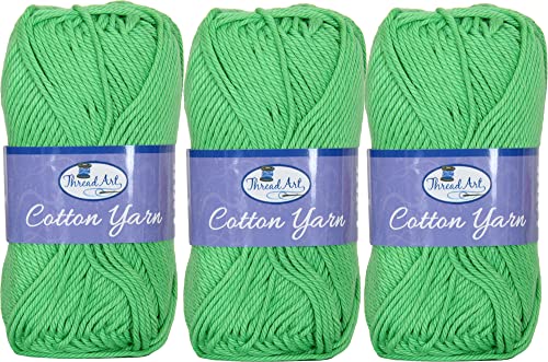 Threadart Green Cotton Crochet Yarn - 3 Pack 50g Worsted #4