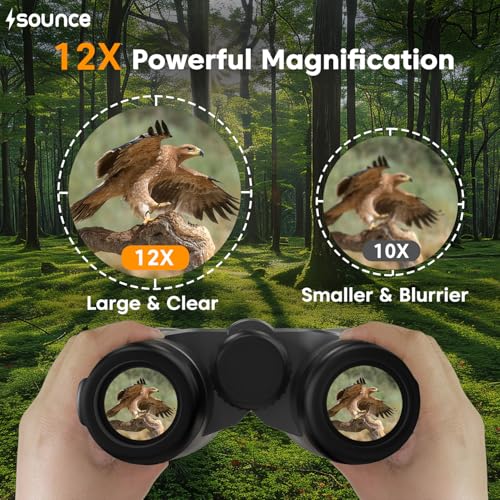 Image of Sounce 12x42 Binoculars for Long Distance | Waterproof HD Binocular for Adults | BAK4 Prism FMC Lens | Bird Watching Wildlife Safari Stargazing | Fog Proof Durbin with Pouch (Black)
