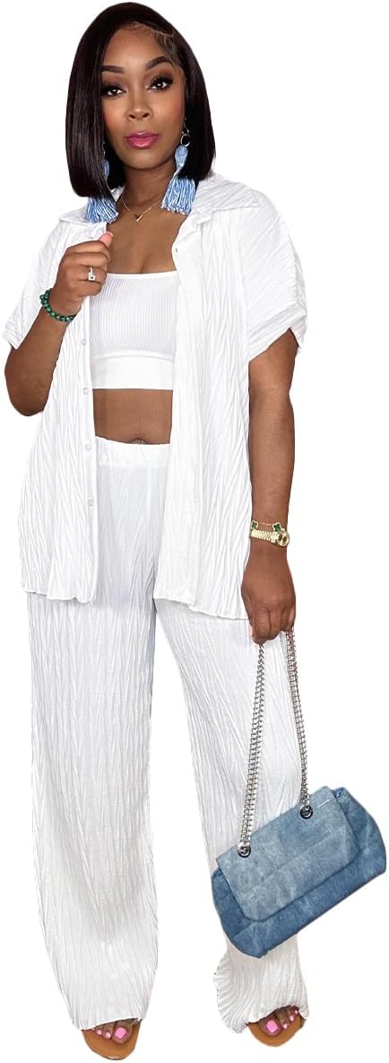 Casual Two Piece Set for Women - Button Down Shirt and Wide Leg Pants Matching Set Tracksuits - Image 2