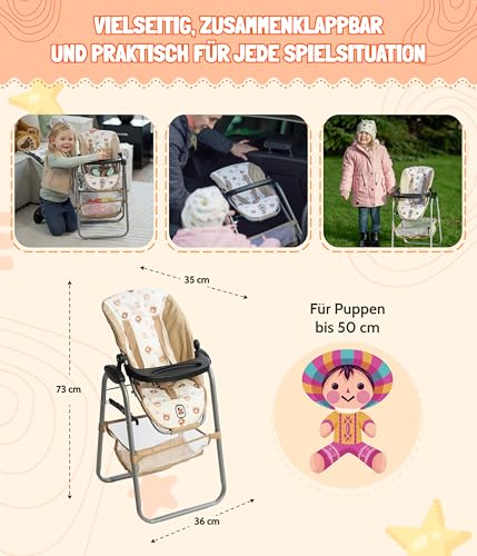 Bayer Chic 2000® Puppenhochstuhl – Bärchne Beige – Verstellbar & klappbar – Rückentrage & Gepäcknetz – Puppen bis 50 cm – Puppenzubehör 3-8 J.