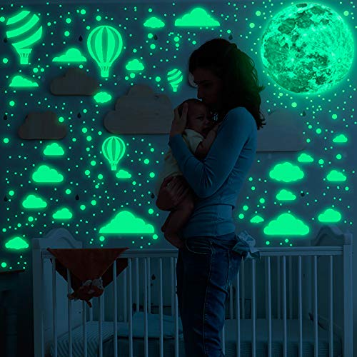 AUDEYA Glow in The Dark Wall Decals, Glowing Ceiling Decors Stickers - Realistic Clouds and Bright Hot Air Balloon Shining for Kids, Girls, Boys