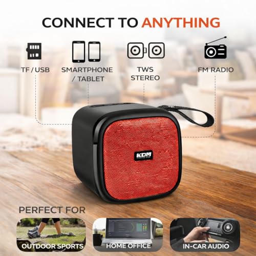 Image of KDM 30 DotCom Portable Bluetooth Speaker, 5W Clear Sound, 8H Playtime, TWS Pairing, FM Radio, Hanging Strap, USB /TF, Type-C Charging, Compact Design,Red