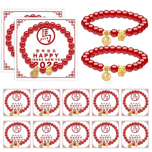Equsion 12 Sets 2026 New Year of Horse Beaded Charm Bracelets with Card Golden Horse Pendant Bracelet Chinese Zodiac Feng Shui Lucky Amulet Stretch Wristband for Women Men New Year Gifts by Equsion - Used condition - US$9.36