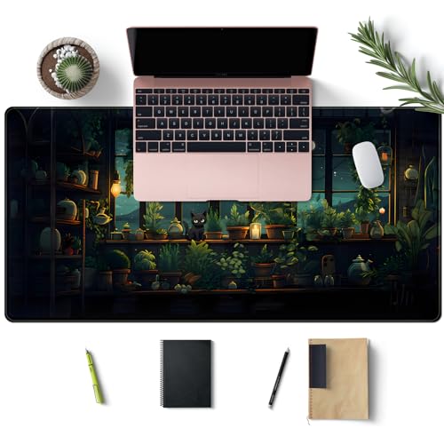 Tapete de mesa de plantas verdes fofo gato Lofi tapete de mesa estética anime grande tapete de mouse