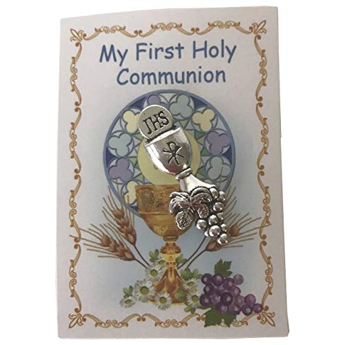 Needzo Silver Tone IHS Chalice First Communion Lapel Pin on Prayer Card Gift Set, 3 Inch (Boy)