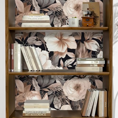 GRASKY Floral Wallpaper Peel and Stick Boho Leaf Flower Contact Paper, Self Adhesive Removable Waterproof Vintage Floral Wall Paper for Bedroom Walls Shelves Cabinet(Black,Gray,Brown) 17.71" X 236.2" — view 3