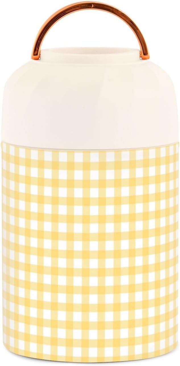 Yellow Gingham Vacuum Insulated Food Jar with Spoon, 17oz Stainless Steel Hot Cold Lunch Container, Wide Mouth Leakproof Soup Thermo for Kids Adults