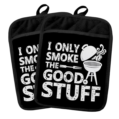 Fyecoluo Funny Grilling Pot Holders 2 Pack Set, Grill Lover Gifts, Griller Gifts for Men Women, I Smoke The Good Stuff Heat Resistant Oven Hot Pads for Kitchen Countertop Baking，056 Potholder