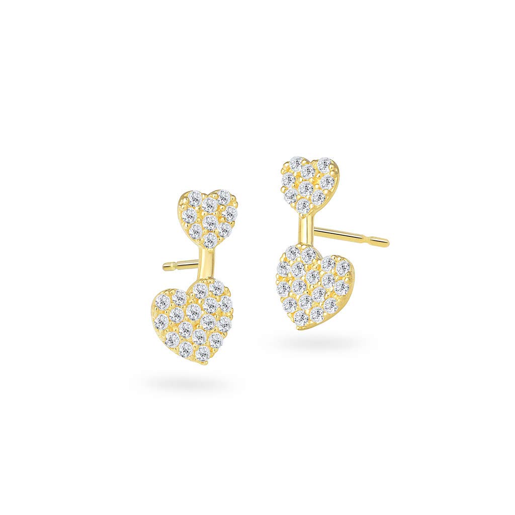 SOLIDGOLD14K Real Gold Heart Crystal Clear CZ Ear Crawler Climber Stud Earrings
