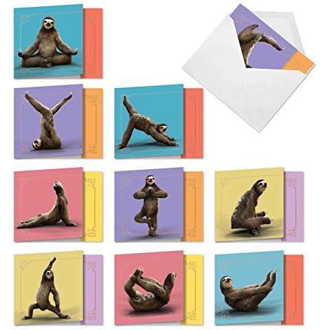 Sloth Yoga - 10 Cute Thank You Greeting Cards with Envelopes (4 x 5.12 Inch) - Adorable Exercise and Gratitude Notecard Set AMQ6255TYG-B1x10 Cover