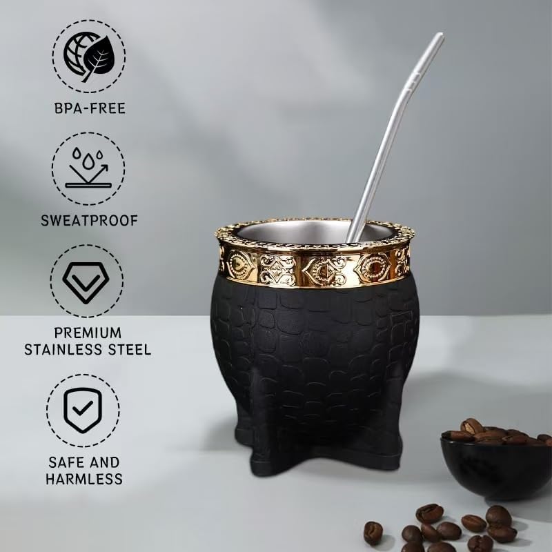 Mate Imperial Argentino Kit Mate, Taza de te Acero Inoxidable, With Straw Tea Gourd Mug One Bombilla (Straw), Wrapped Handmade Leather Ideal for Gift and Travel (Black) - Image 7