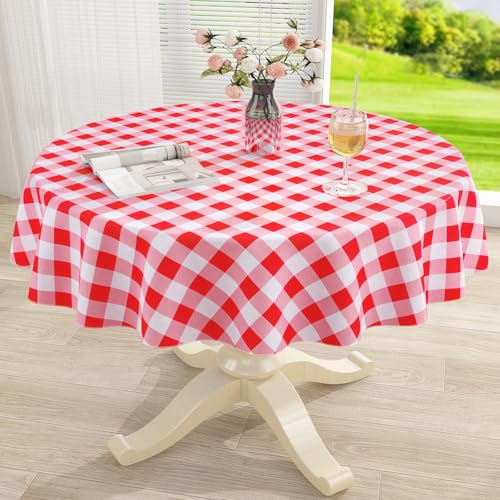 Image of misaya Round Waterproof Vinyl Table Cloth, Buffalo Flannel Backed Tablecloth, Wipeable Plastic Table Cover for Dinner, Kitchen, Outdoor (70 inch, Red and White)