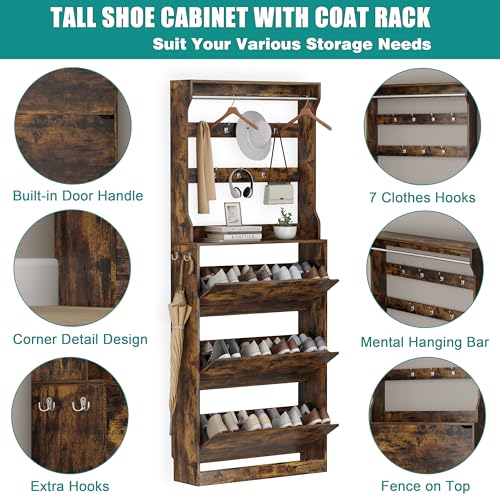Image of Shoe Cabinet for Entryway with 3 Flip Drawers, Brown Tall Wood Shoe Storage Cabinet with Coat Rack, Narrow Hidden Slim Freestanding Shoe Rack Organizer, 2 in 1 Hall Tree for Living Room, Hallway