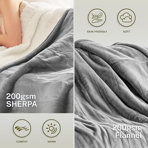 Heat Blanket 84”x90” Queen Size-Dual Control,Soft Flannel & Sherpa Electric Blanket with 10 Heat Settings,12 Timer Setting and 8 Hours Auto-Off,ETL Certified Machine Washable,Light Grey