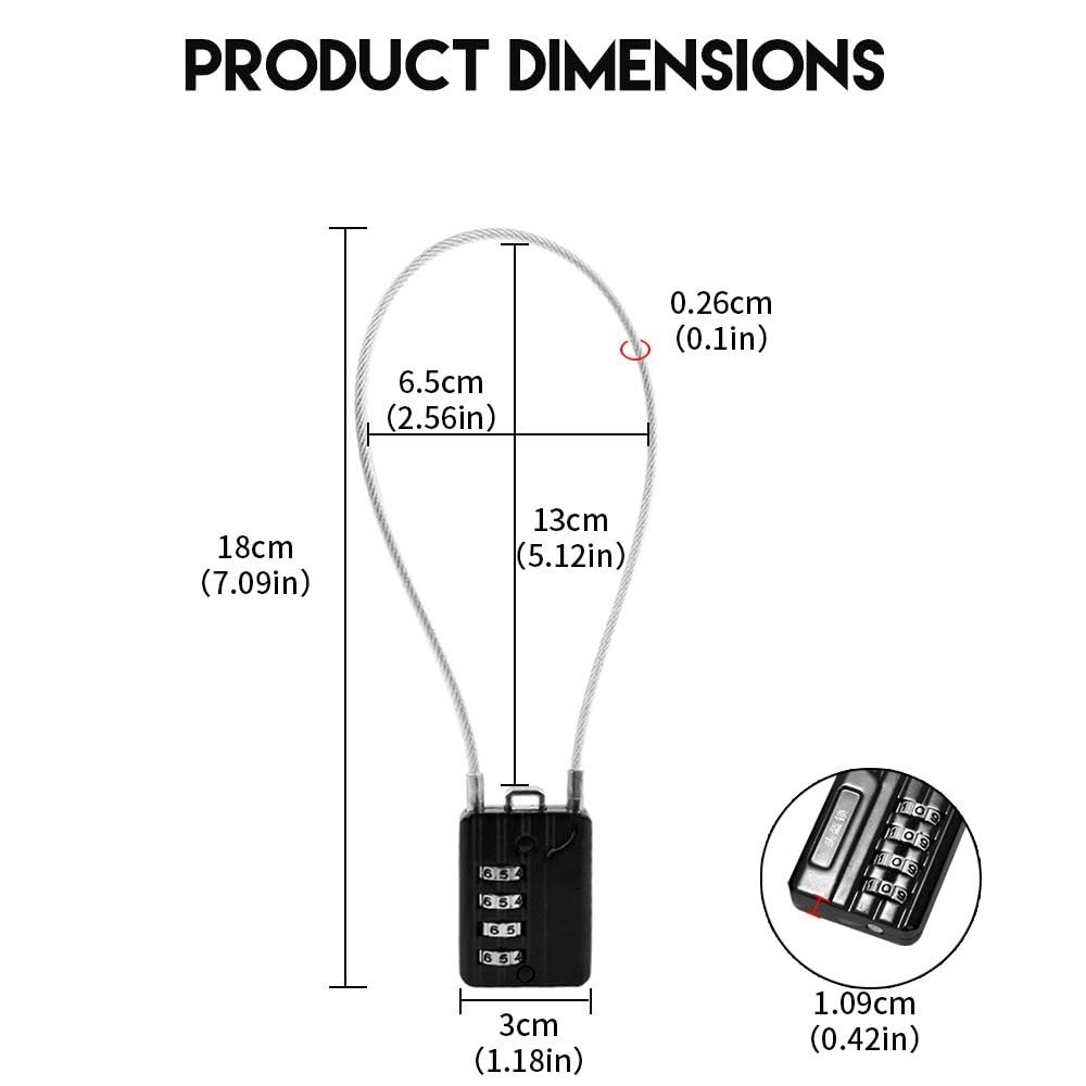 RESET-200 Candado de Combinación de 4 Dígitos con Cable de Acero de 30 cm, Candado de Alta Seguridad para Equipaje, Maleta, Estuche de Armas, Caja de Herramientas, Casco, Negro, Paquete de 2