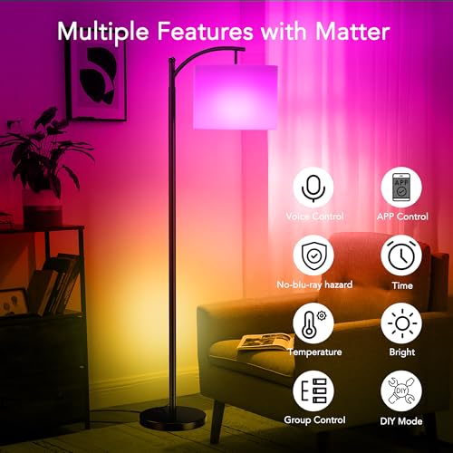 ROTTOGOON Floor Lamps with Matter Smart Light Bulb, RGB + Color Temperatures Bright Dimmable Smart Floor lamp, Living Room Standing Tall Industrial Floor Lamp (Beige Lampshade Included) -Black
