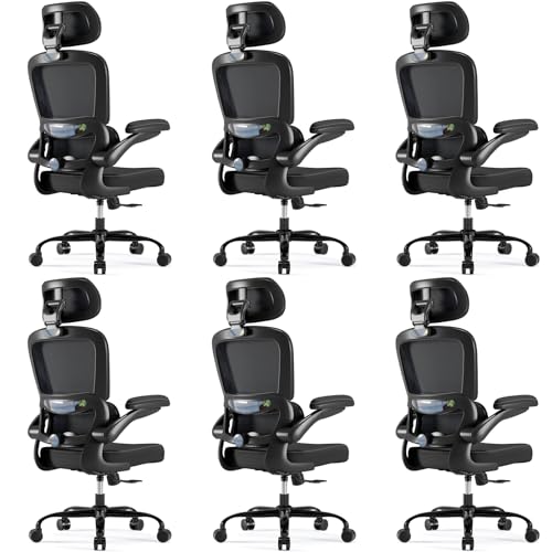 Image of TRALT Ergonomic Office Chair - Desk Chair with Adjustable Headrest Lumbar Support Computer Chair - Mesh Comfy Chair with Flip-up Armrests - Gaming Chair for Adults Home Office PU, Black, Pack of 6