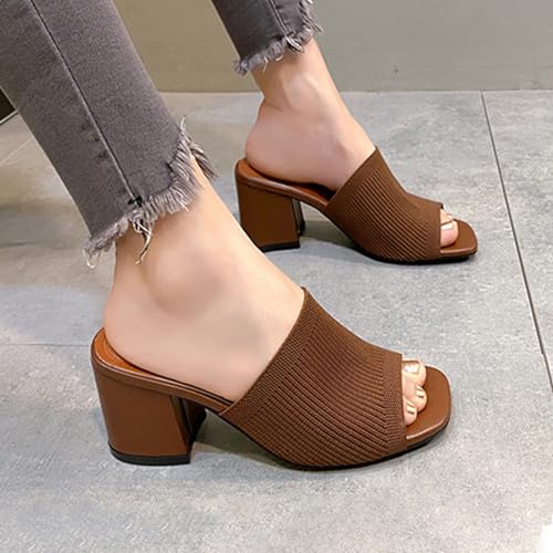 Women's High-heeled Sandals Square Open Toe Knitted Summer Mules Comfortable Breathable Slip On Chunky Block Heel Slide Sandals Dress Sandals For Party3
