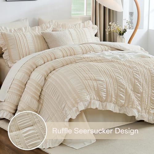 WONGS BEDDING Queen Comforter Set,Beige Cute Ruffle Comforter for Queen Bed, 7 Pieces Bed in a Bag Seersucker Shabby Chic Bedding Set 90"×90" - Image 3