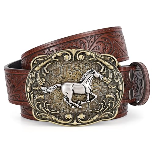 SANSTHS Cowboy Western Belts for Men Women Western Cowboy Buckle Belt Country Cowgirl Mens Leather Belt for Jeans Gifts