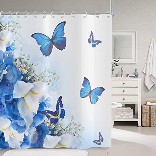 Hnmdmyi Rideau de Douche Bleu 180x200, Fleurs et Papillon Nature rêve Fantaisie Jardin Rideau de...