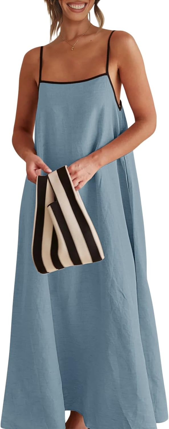 Shy Velvet Women's 2026 Summer Linen Maxi Dress Contrast Spaghetti Strap Dress Backless Casual Party Beach Dresses - Image 6