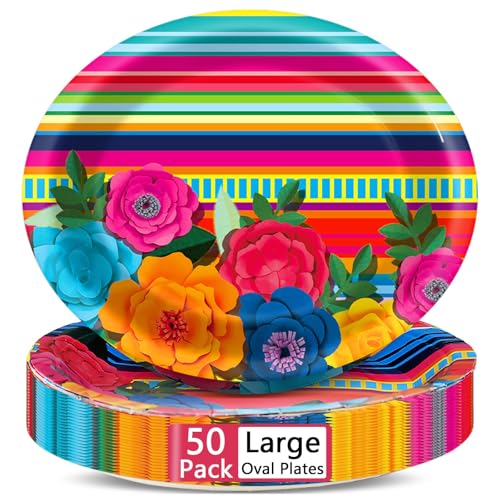 Qyeahkj 50PCS Mexican Fiesta Oval Paper Plates Large 11” Disposable Mexican Theme Party Decorations Mayo Floral Stripes Supplies Favor for Day of The Dead Mexico Pinata Taco Platters Tableware Set