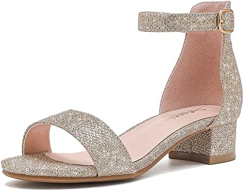 Dufannie Cham Heels for Girls Open Toe Ankle Strap Chunky Heel Pump Sandals Birthday Party Wedding School Performances Strappy Buckle Sandals (3603Glitter Cham 3)