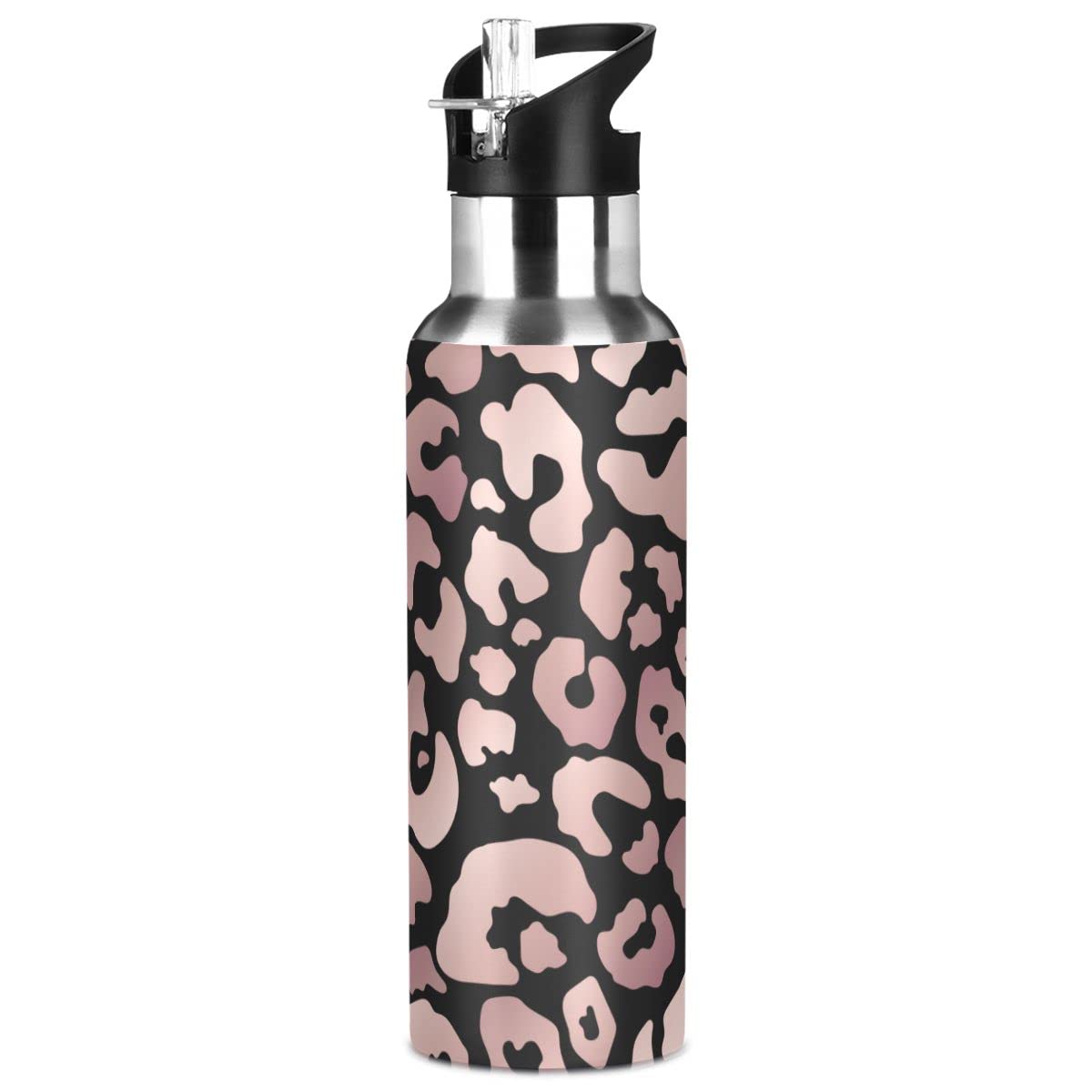 Edelstahl Wasserflasche mit Strohhalm, Schwarz Rose Gold Leopard Isolierte Trinkflasche Sport Wasserflasche für Kinder Erwachsene, Auslaufsicher, 1L