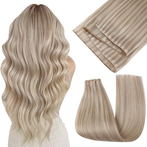 Easyouth 22 Inch Butterfly Weft Hair Extensions Human Hair Highlight Sew in Hair Extensions Real Human Hair Ash Blonde Highlight Bleach Blonde Hair Extension Sew in 100g Pu Hole Weft Extension