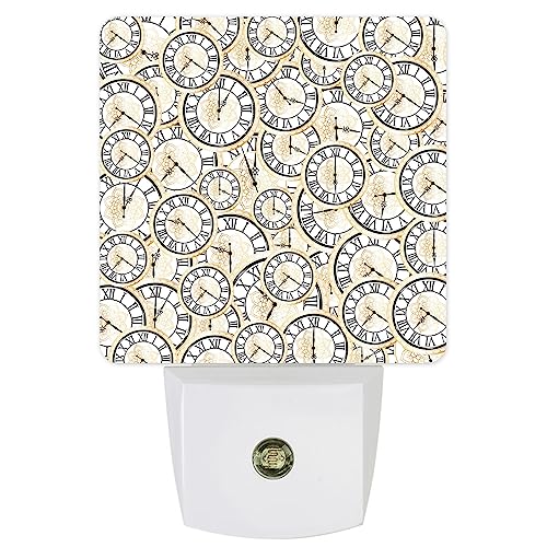 Image of Night Light Plug in LED Night Lamp Automatic Sensor Kids Night Lights Plug into Wall, Vintage Clock Floral Roman Numerals Gold Black Square Night-Lights for Bedroom Bathroom Kitchen Hallway Home Decor