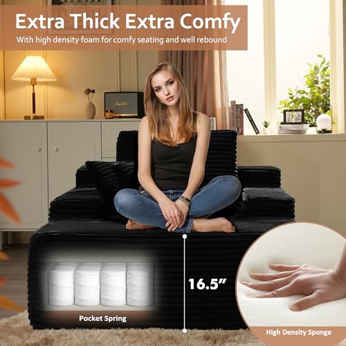 Image of HOOOWOOO Chaise Lounge Sleeping Couch, 48.5x67 Assembly Free Modern Minimalist Sofa, Extra Deep Large Single Seat Sofa, Free Standing Floor Couch in A Box for Living Room (Black Velvet Upholstered)