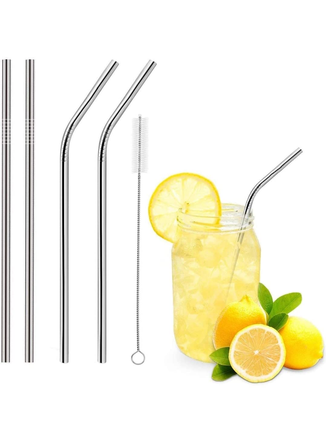 IBTIDA Store, Stainless Steel Straws with Cleaning Brush for Kids & Adults | Bent Reusable Metal Straws | (Pack of 2 Straight & 2 Bent Reusable Metal Straws, Silver)