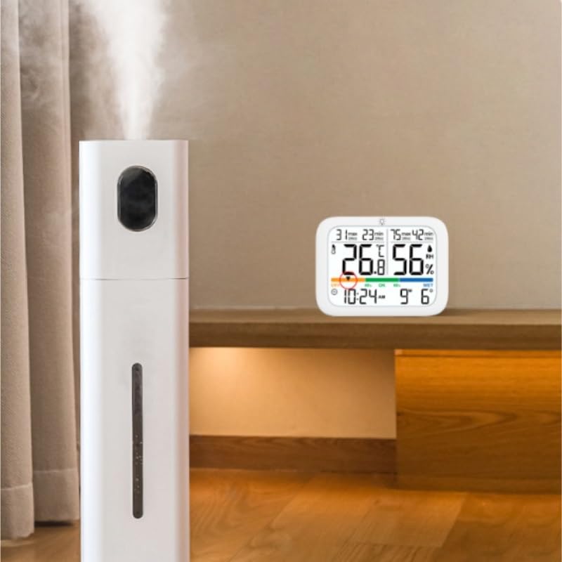 Home Digital Indoor Temperature Humidity Meter with Clock Magnetic Wall Mount for Time Retention