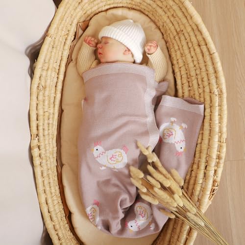 Image of mimixiong Baby Blanket Knit Receiving Boys Girls Blanket Soft Cotton Neutral Blanke for Swaddle Crib Stroller with Cute Sheep (Chicken-Pink, 30x40 Inch (Pack of 1))