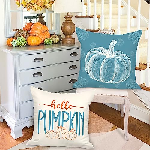 Ywlake Teal 18x18 Throw Fall Pillow Covers Set of 4, Maple Leaf Pumpkin Decorative Holiday 18 x 18 Autumn Cushion Covers Thanksgiving Pillow Case for Indoor Home Bedroom Couch Sofa Decor - Image 3