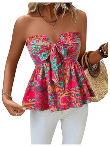 SOLY HUX Women's Tube Top Boho Floral Print Strapless Sleeveless Tie Front Ruffle Hem Summer Tops