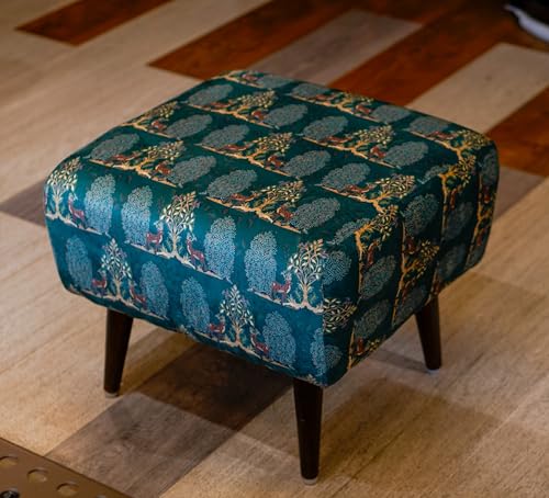 Image of The Artage Puffy Stool for Living Room Sitting Printed Premium Foam Cushioned Pouffe Ottoman for Foot Rest Stool for Home Decor Furniture with 4 Wooden Legs (Floral) (Forest Green)