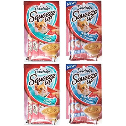 Delectables Hartz Squeeze Up Cat Treats Variety 4 Pouch Bundle of 2 Flavors; 2 Pouches of Each Flavor (2.0 oz Each) (Tuna, Tuna & Shrimp) Cover